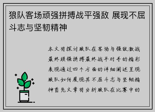 狼队客场顽强拼搏战平强敌 展现不屈斗志与坚韧精神