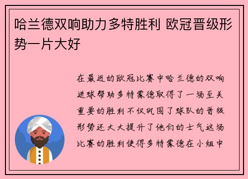 哈兰德双响助力多特胜利 欧冠晋级形势一片大好
