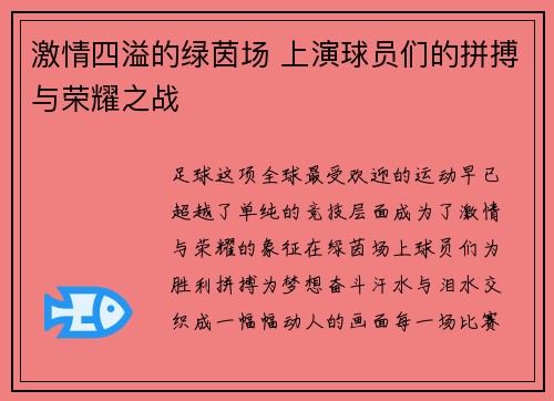 激情四溢的绿茵场 上演球员们的拼搏与荣耀之战