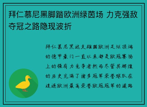 拜仁慕尼黑脚踏欧洲绿茵场 力克强敌夺冠之路隐现波折
