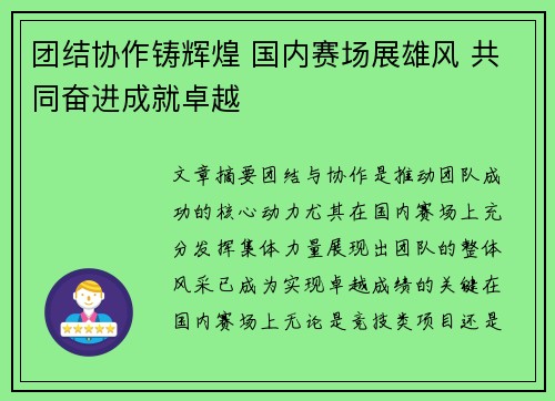 团结协作铸辉煌 国内赛场展雄风 共同奋进成就卓越