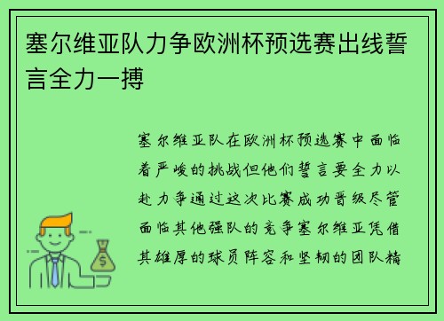 塞尔维亚队力争欧洲杯预选赛出线誓言全力一搏